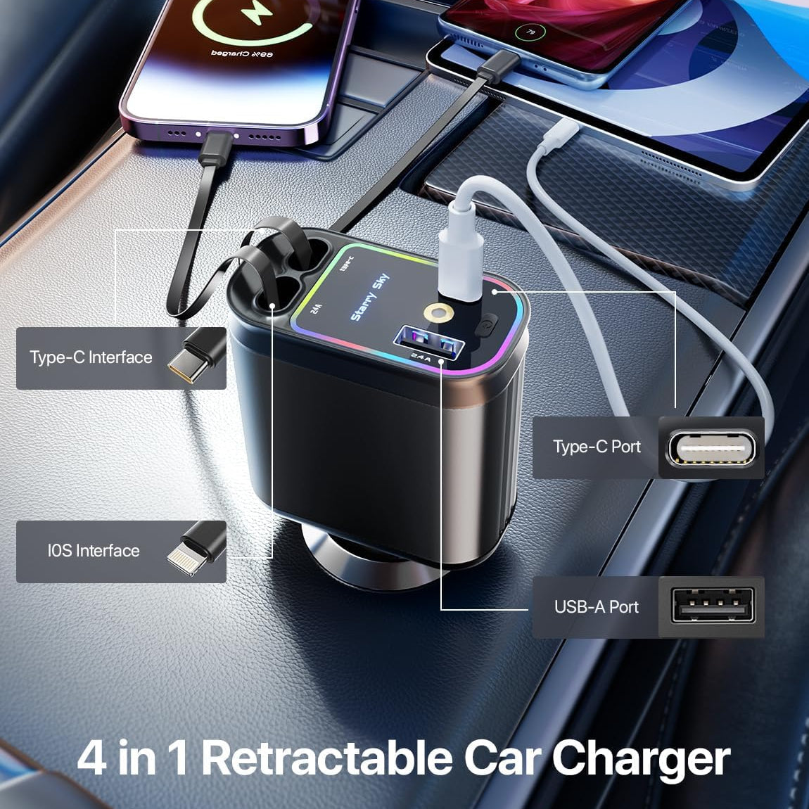 4 in 1 Retractable Car Phone Charger